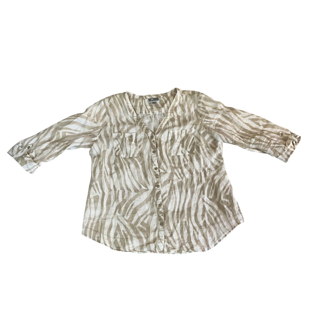 JM Collection Button Down Shirt Womens 12 Tan Zebra Print 100% Linen 3/4 Sleeve